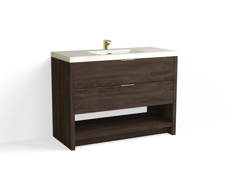 Vue 48" W Freestanding Single Bathroom Vanity, Nocino, Glossy White/Single, Satin Brass