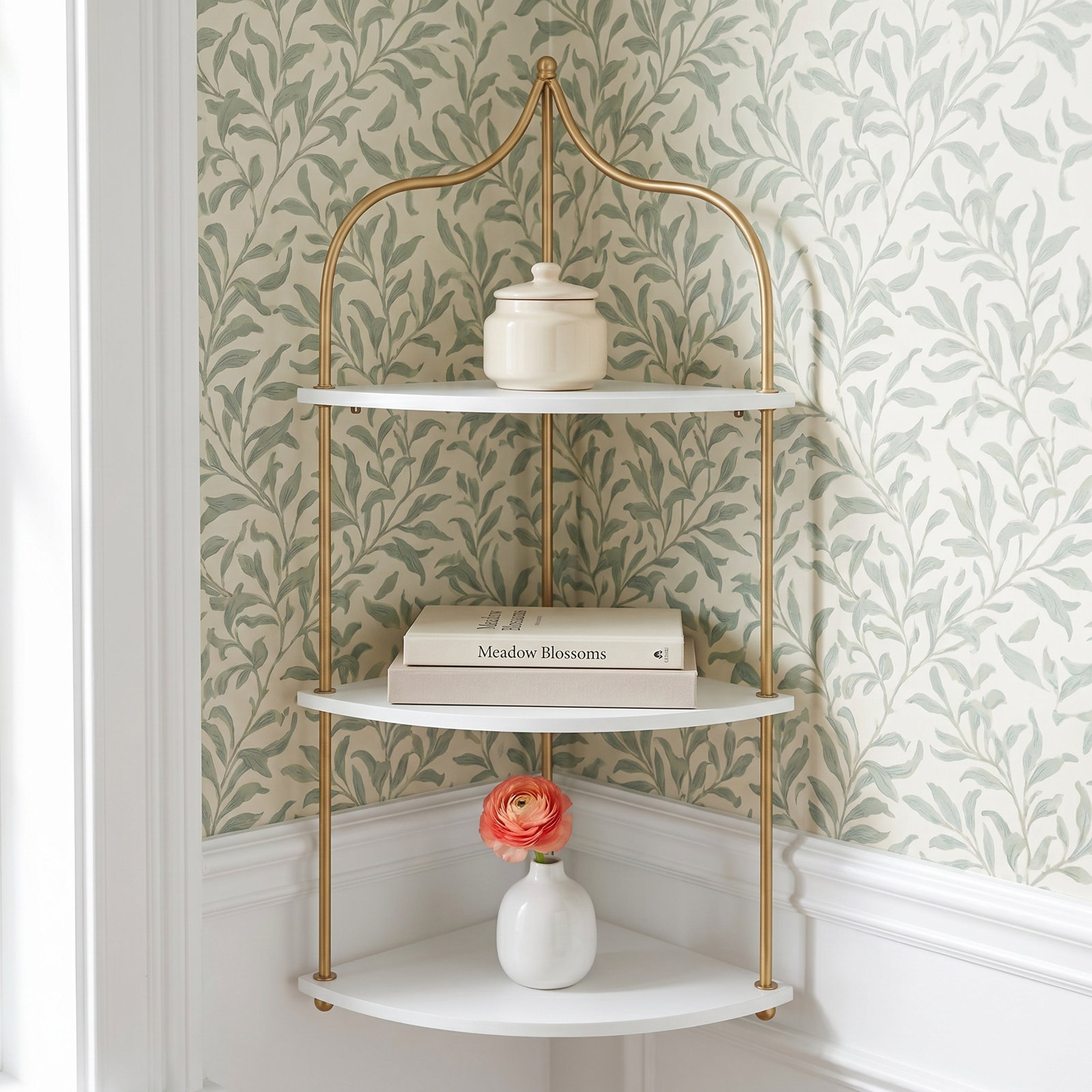 17" Corner Shelf, White/Gold