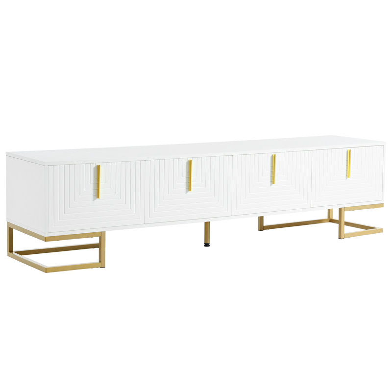 Modern TV Stand With Metal Legs And Gold Handles For Tvs Up To 80'', Media Console Table With Cabinets And Adjustable Shelves, Luxury TV Cabinet With Geometric Lines For Living Room