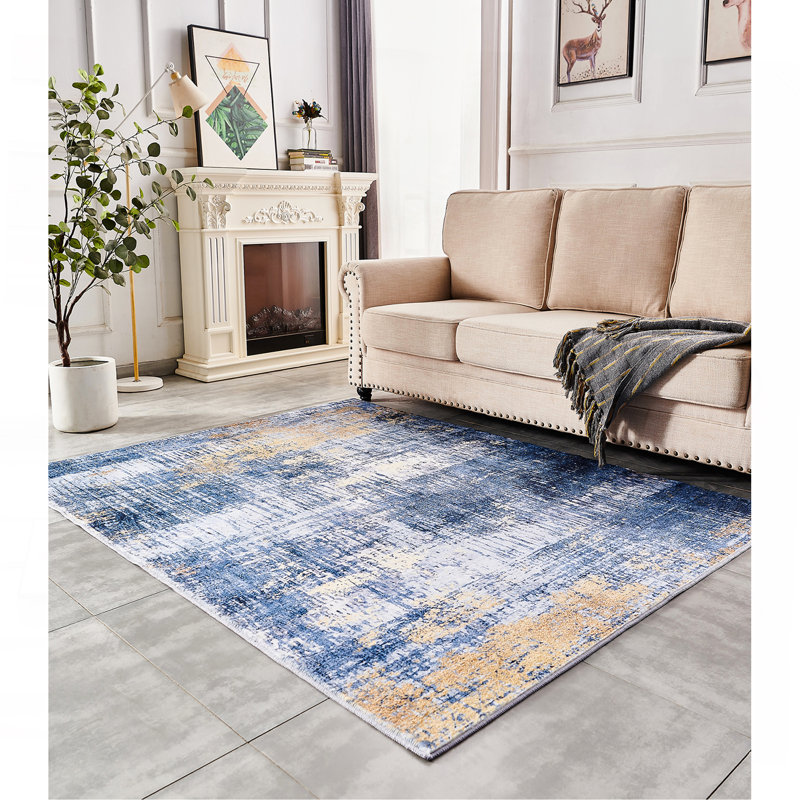 Tapis bleu super doux à motif abstrait lavable à la machine, Rectangle 7 pi 6 po x 10 pi 6 po