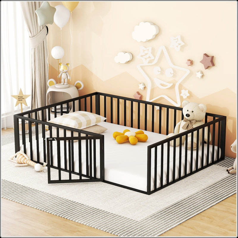 Queen Size Metal Floor Bed Frame With Fence And Door, Perfect For Customizable And Multi-Functional Living Spaces, Black