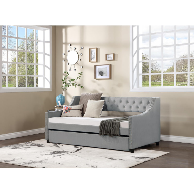 Upholstered and Tufted Daybed with Trundle, Designed as a Sofa Bed Features Buttons and Copper Nails on the Arms., Grey