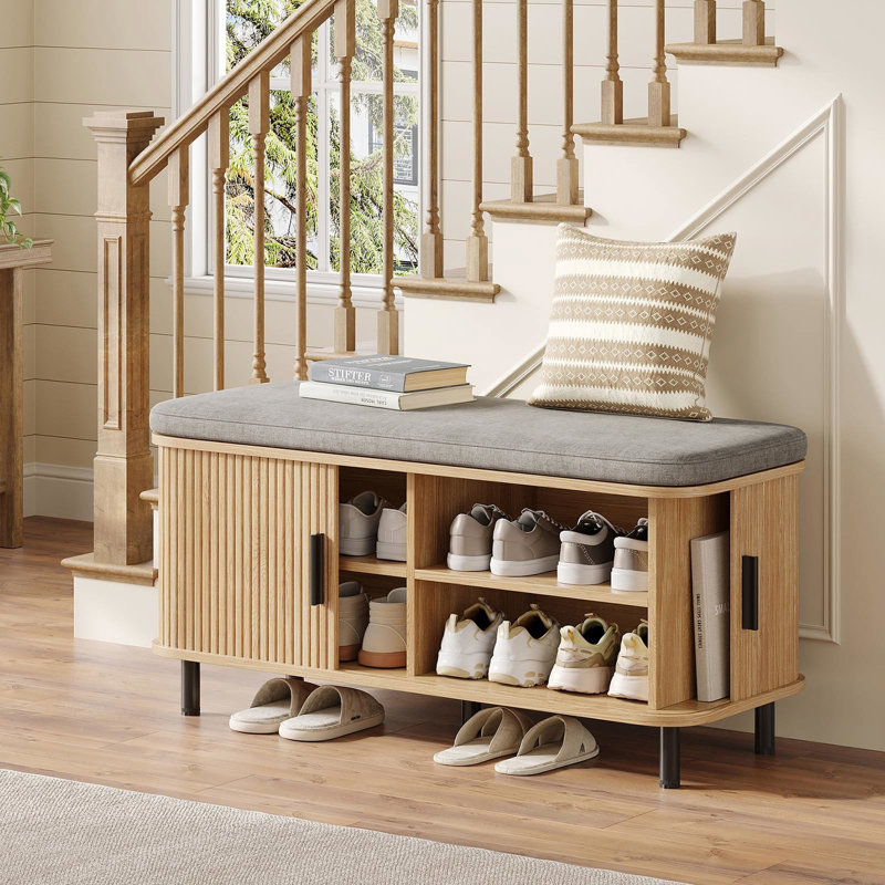 Banc de rangement pour chaussures avec portes coulissantes cannelées lisses, armoire de rangement de chaussures dissimulée à 2 niveaux