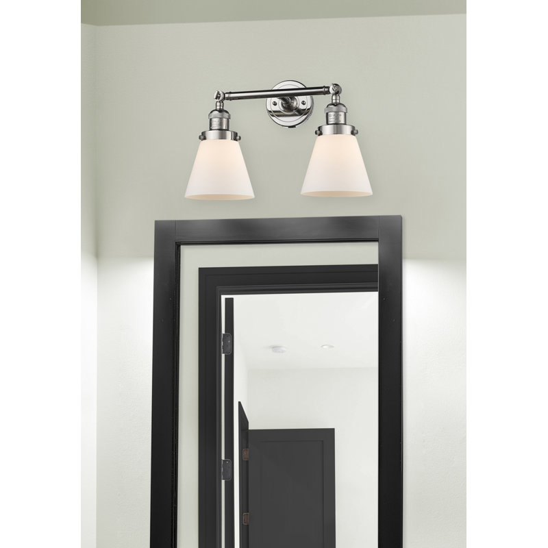 Éclairage de meuble-lavabo inclinable 2 lumières Cone, Boîtier blanc mat, Ampoule à DEL rétro de 6 watts, Nickel poli
