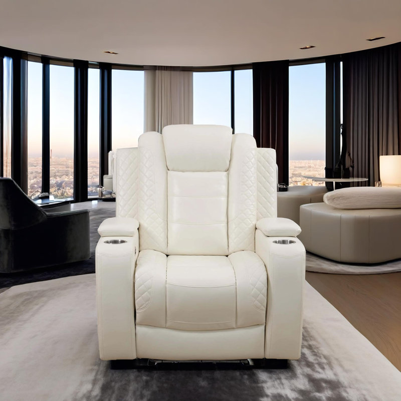Fauteuil inclinable en cuir vegan blanc Solace avec porte-gobelets et lumières DEL