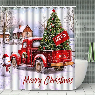 4Pcs Christmas Truck Shower Curtain Set, Waterproof Shower Curtain With Non-Slip Rugs, Toilet Lid Cover, Bath Mat And 12 Hooks- Red Truck And Tree Patterns, Christmas Bathroom Decor With Rug And Shower Curtain Combon