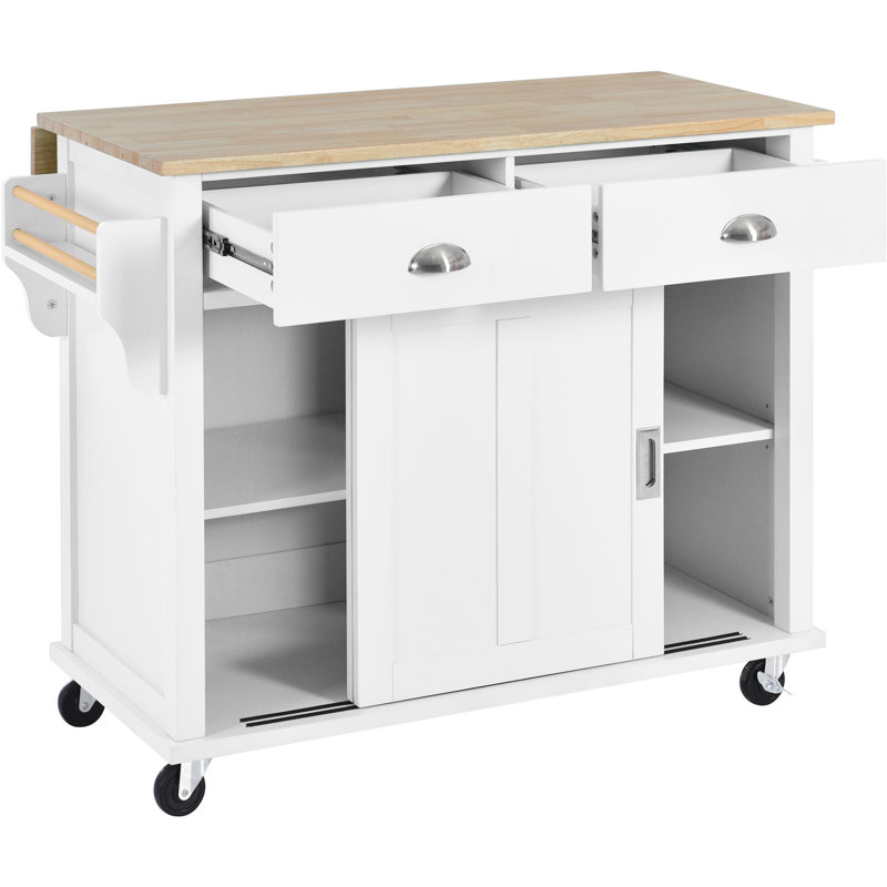 Buccigross 52.2'' Wide Rolling,with Rubber wood Drop-Leaf Countertop, Concealed sliding barn door adjustable height,Kitchen Island on 4 Wheels with Storage Cabinet and 2 Drawers,island,coffee cart