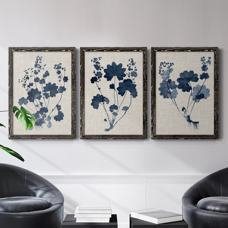 Bleu marine et feuilles de lin II - ensemble de 3 peintures sur toile encadrées, H 100 po x l 31,5 po x P 1 po