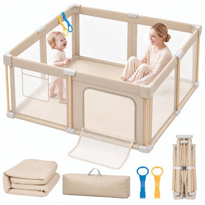 51"x51" Foldable Baby Playpen with Mat ,Sturdy Safety Play Yard Activity Center for Infant and Toddlers, Storage Bag and 2 Pull up Rings, Khaki