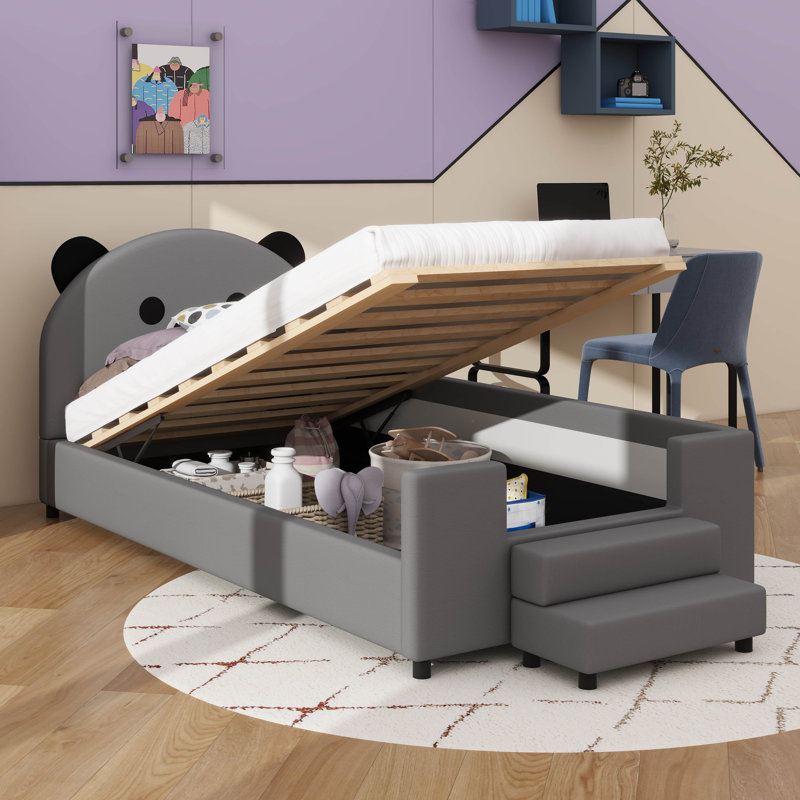 Lit de jour rembourré de taille simple avec tête de lit en forme d'ours, Gris