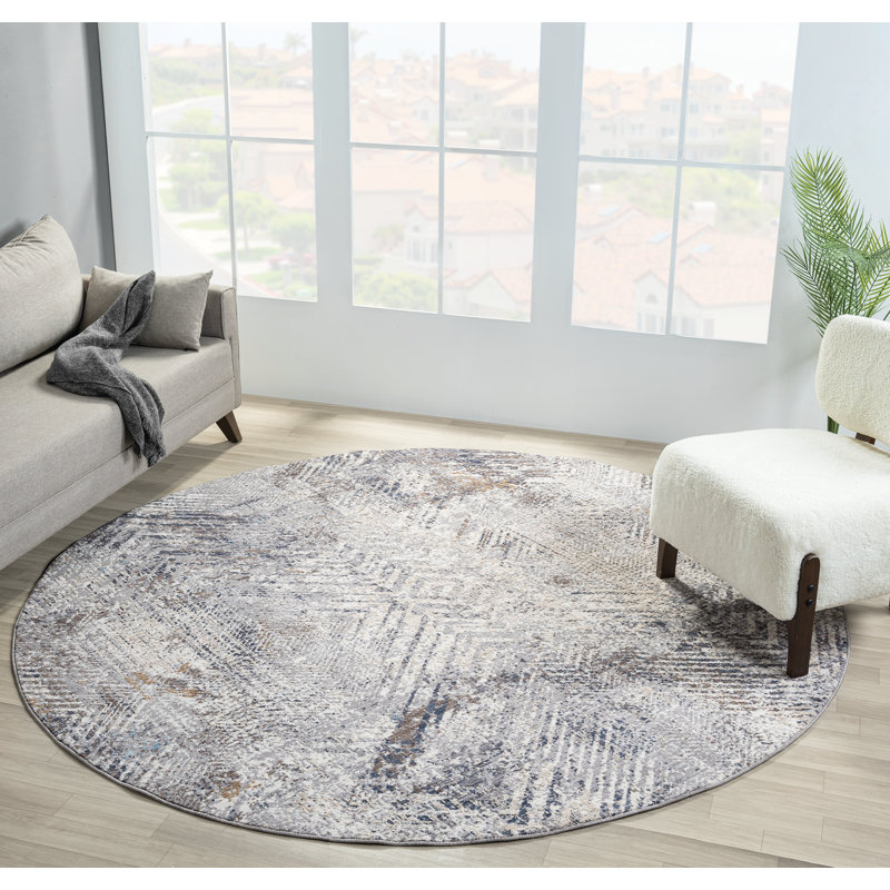 Mariandi Fulton - Tapis à chevrons bleu délavé avec texture moderne, Rond 7 pi 11 po