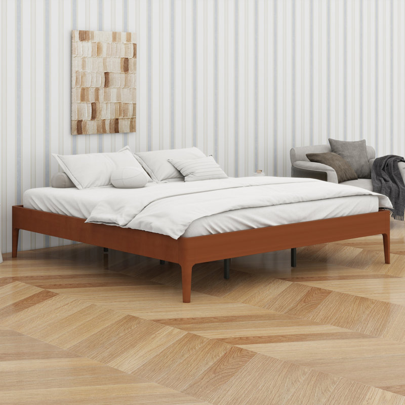 Classic Wood Platform Bed Frame with Wood Slat Metal Support, King, Brown