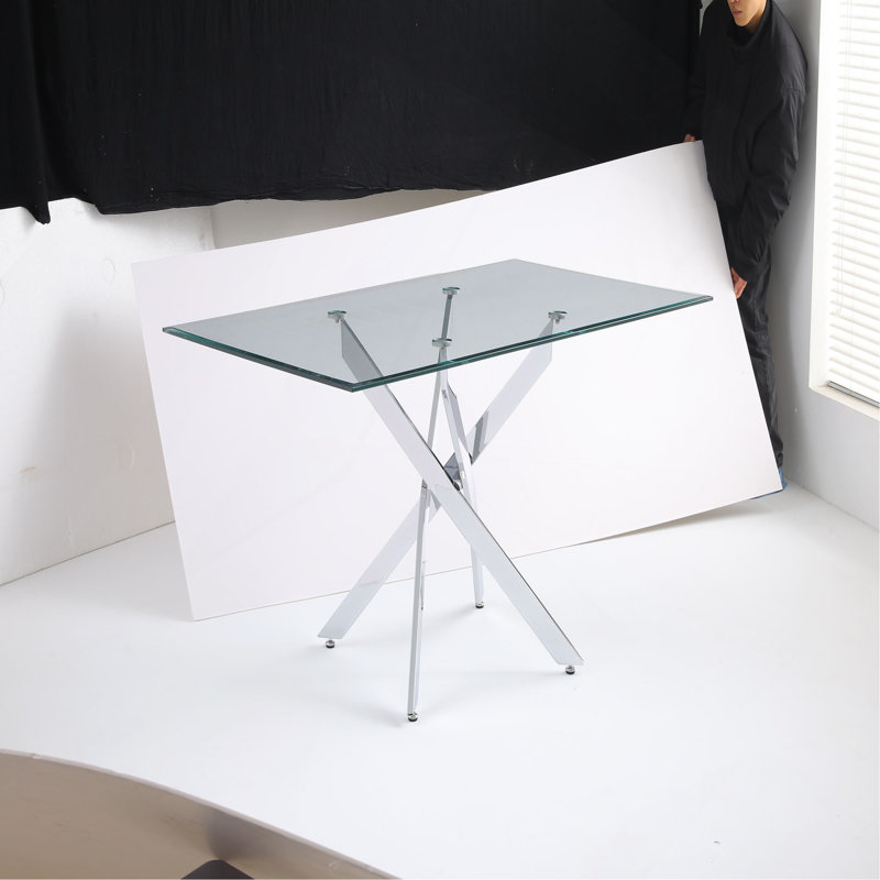 Modern rectangular tempered glass table and iron frame, Clear/Silver