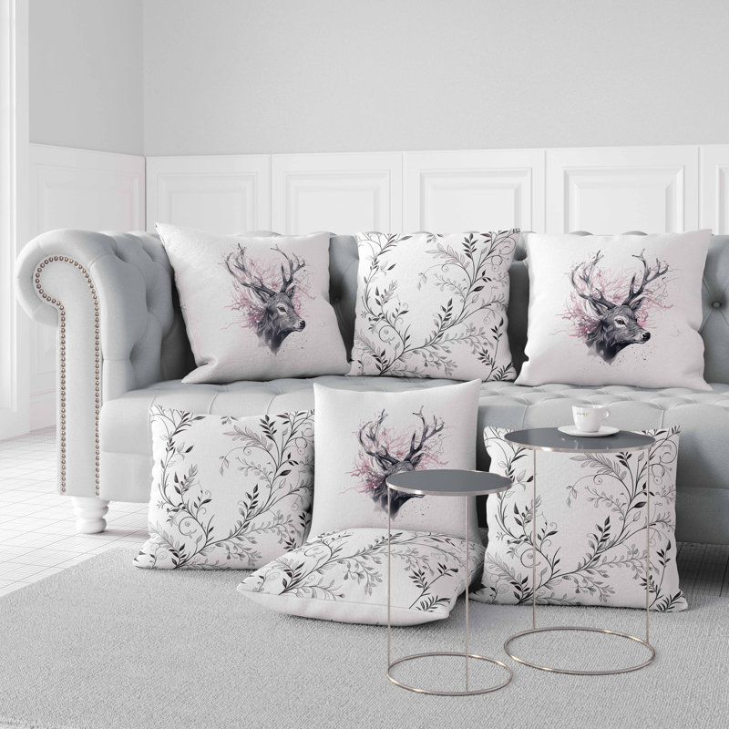 Indoor / Outdoor Floral Square Cushion, White/Pink/Grey Floral, 41cm H x 41cm W