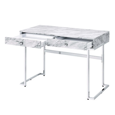 Rectangular Writing Desk, 2 Drawers For Storing Office Essentials, White Engineered Stone Top, Side Metal Drawer Glide, 1/2 Extension, Leg Space 35"l