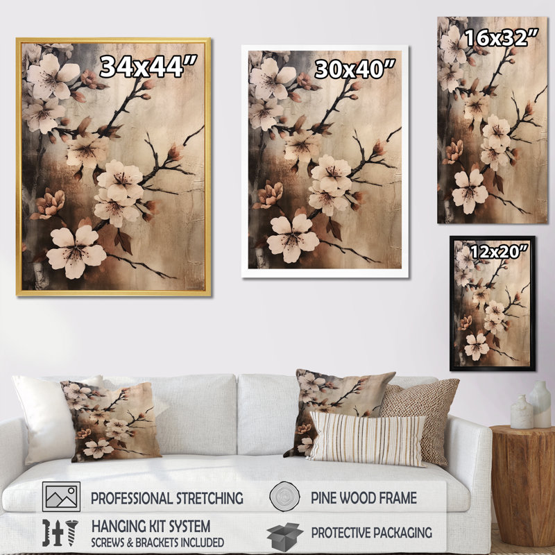«Cherry Blossoms Brown Dark Solitude», reproduction sur toile, Cadre doré simple, H 32 po x l 16 po x P 1 po