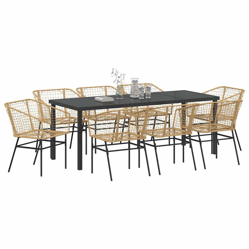  Ensemble de salle à manger de jardin 9 pièces en rotin de polyester brun, Naturel, 8