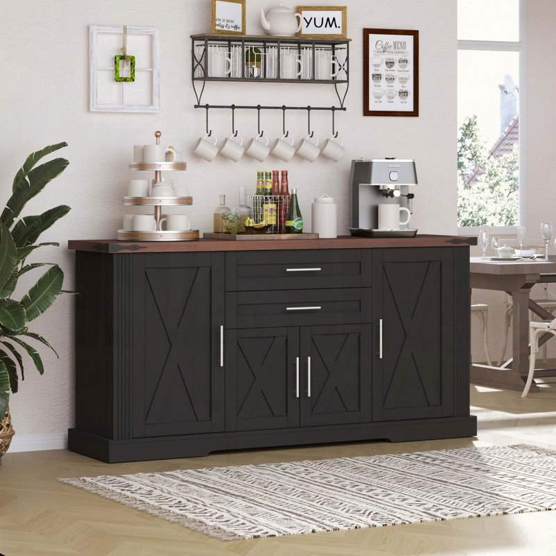 Farmhouse Barn Door Storage Cabinet with Drawers and Door Rack, Black