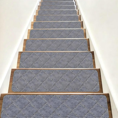 Tapis d'escalier antidérapant intérieur, ensemble de 15 pièces, imitation bois, pour une sécurité optimale. Dimensions : 20 x 76 cm (8 x 30 pouces), gris pâle à motif diamant.