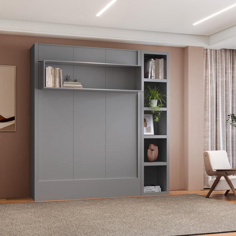 Easy-Lift Murphy Wall Bed with Bookshelf, Gray, Full/Double