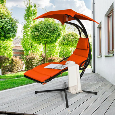 Donne Hanging Stand Chaise Lounger Swing Chair W/ Pillow-Orange