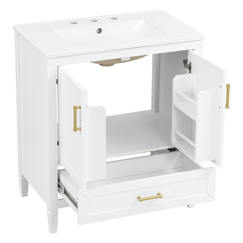 Meuble-lavabo élégant de 30 po avec lavabo en céramique, armoire de rangement à pieds en bois massif avec bordure cannelée 3D et tiroir inférieur à fermeture en douceur, blanc / noir