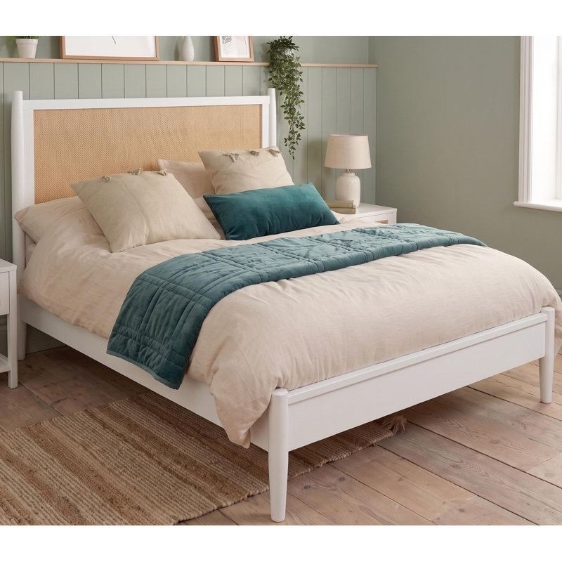 Lit en osier avec support en lattes de bois, cadre de lit plateforme grand style bord de mer avec tête de lit en rotin Boho
