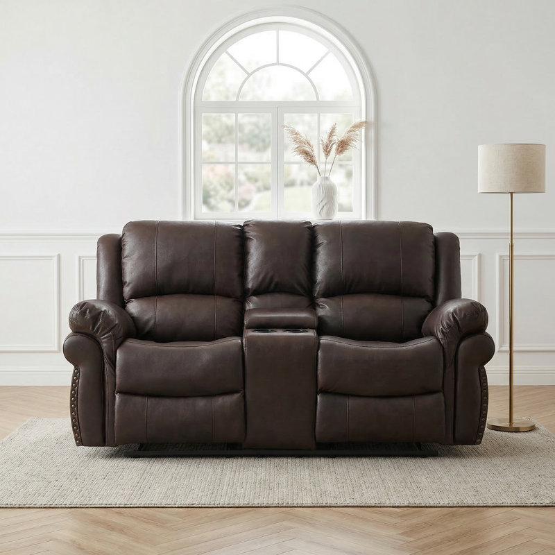  73.2" Manual Reclining Faux Leather Loveseat with Center Console and Cup Holders in Brown, Brown