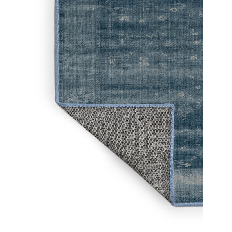 Machine Washable Overdyed Blue Area Rug, Square 5'