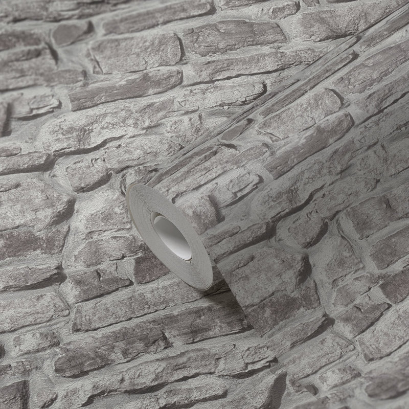 The Bricks and More Stone Symphony Motif 10.05m x 53cm Matte Wallpaper Roll, Grey