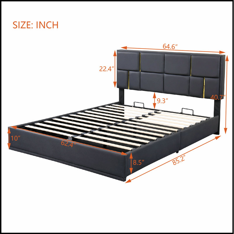 Lit plateforme tapissier avec rangement hydraulique, coussin en tissu doux et tête de lit élégante ornée pour les chambres à coucher modernes