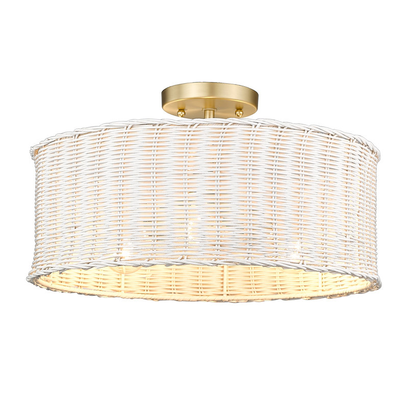 Cuthmore Wicker Semi Flush Mount, Brushed Champagne Bronze, White Wicker