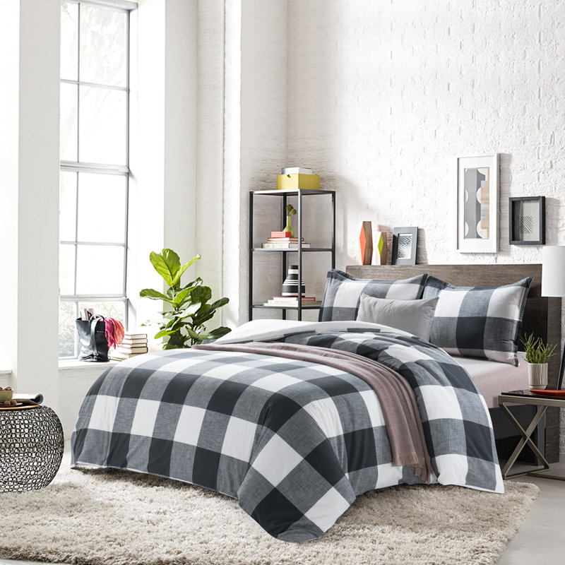 Ensemble de housse de couette à carreaux en coton teinté Buffalo 3 pièces, Gris