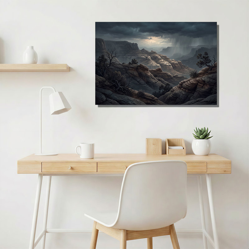 Paysage de canyon rocheux orageux avec pluie et arbres nus - Tableau sur toile, 28"H x 40"W