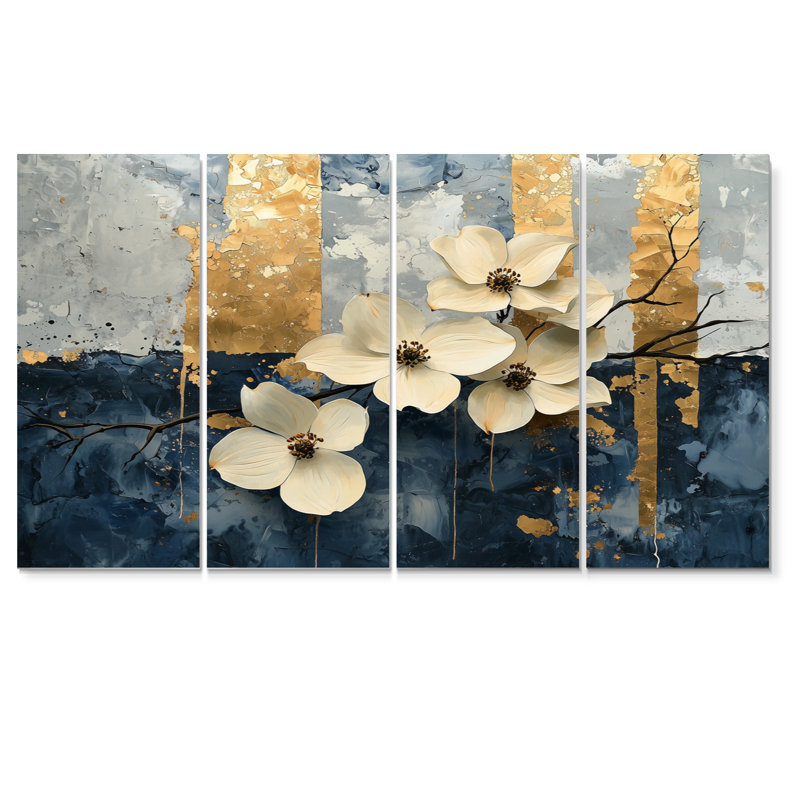 Arbre à cornouiller en marbre doré Horizon I - Art mural cornouiller - Art mural traditionnel sur toile, H 32 po x l 64 po, 4