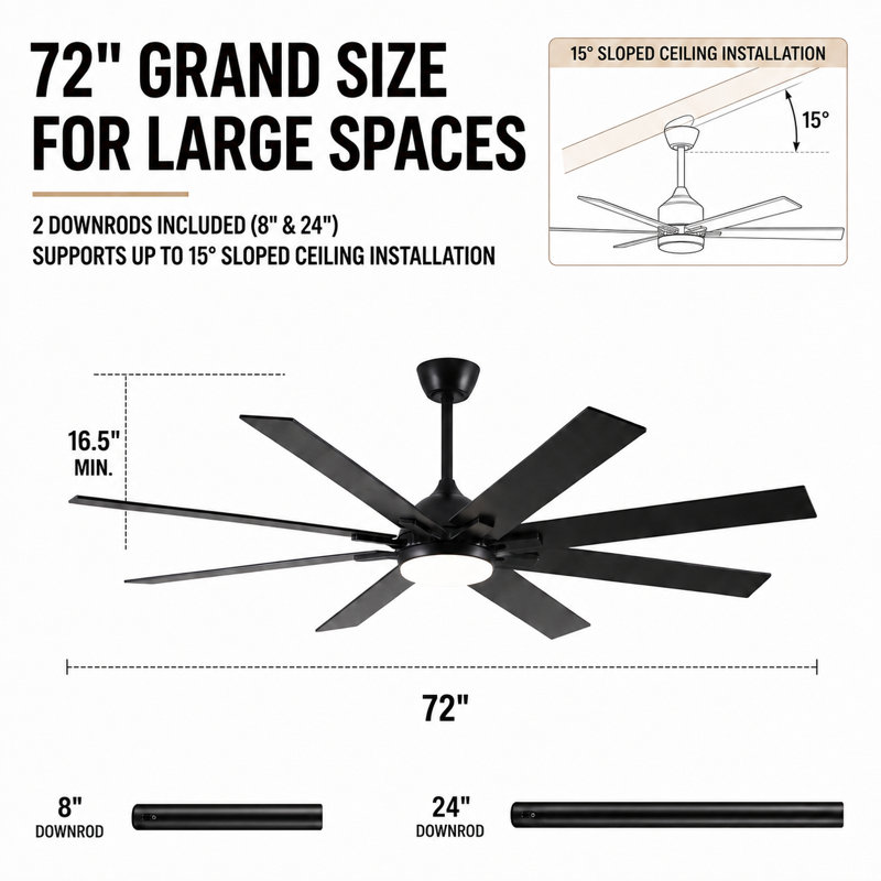  Ventilateur de plafond 72 "avec lumière, ventilateur de moteur à courant continu moderne à 8 pales avec télécommande