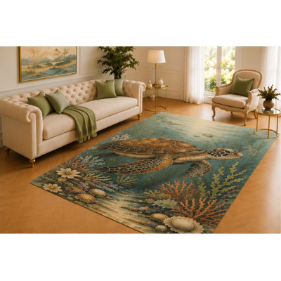 Tapis de tortue de mer 5 pi x 7 pi «Ultra Léger», animal marin nageant au-dessus de coraux et de coquillages, revêtement de sol doux pour le salon, la chambre à coucher, la chambre de bébé et la décoration côtière