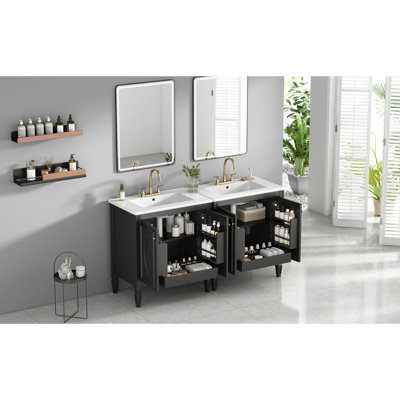 Meuble-lavabo de 60 po pour lavabo double, construction en bois massif, design rétro, lavabo en céramique avec trop-plein en métal, meuble-lavabo ajustable avec tiroir de rangement de 60 po, style rétro élégant et armoire