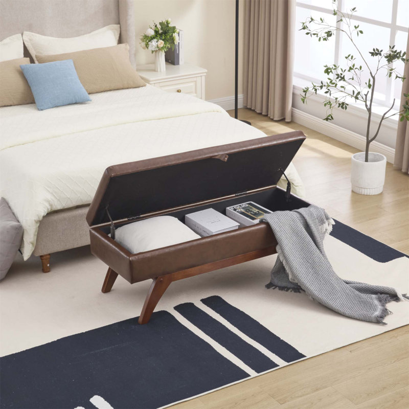 Lit en tissu en laine Teddy avec pieds en bois massif et tabouret de rangement, parfait pour les chambres confortables et organisées