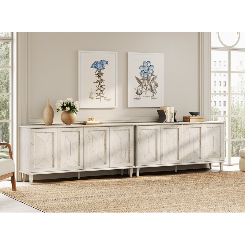 130" Large Double Unit Entertainment Center TV Stand, Modern Farmhouse Console With Handcrafted Patchwork Doors, Massive Storage With Adjustable Shelves & Cable Management,Pale Oak