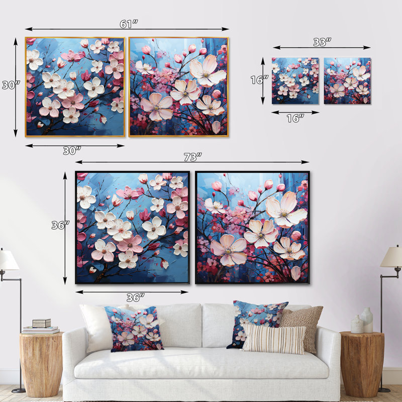 Fleurs de cornouiller bleues et roses - ensemble de 2 collages carrés, Cadre flottant blanc, H 36 po x l 73 po