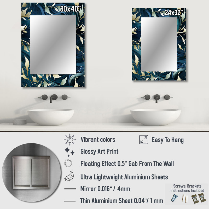 «Khader» blanc et bleu, chèvre de Chine, tranquillité zen - miroir mural décoratif floral, miroir floral, impression d'art en métal