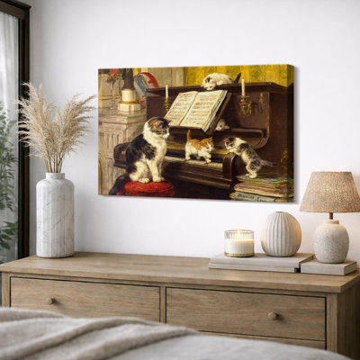Vintage Cats Playing Piano Artwork, Living Room Pictures, Framed Canvas Giclee Print Wall Art.