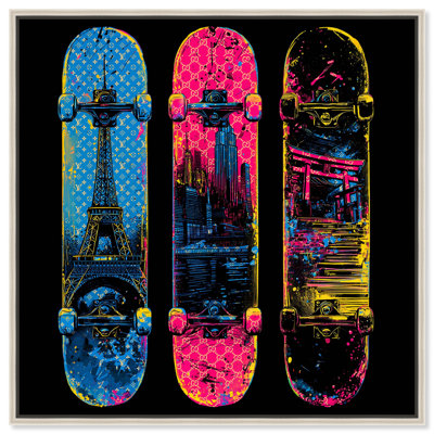 Neon Splat Skateboard Framed Canvas Print Urban Wall Decor by Art Remedy, Silver Frame, 12 x 12