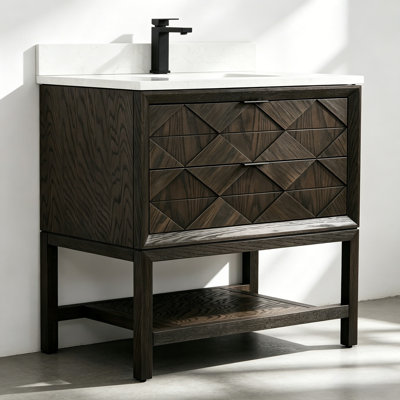 Ensemble de meuble-lavabo sur pied en bois massif brun foncé 36 po avec plateau en marbre d'ingénierie