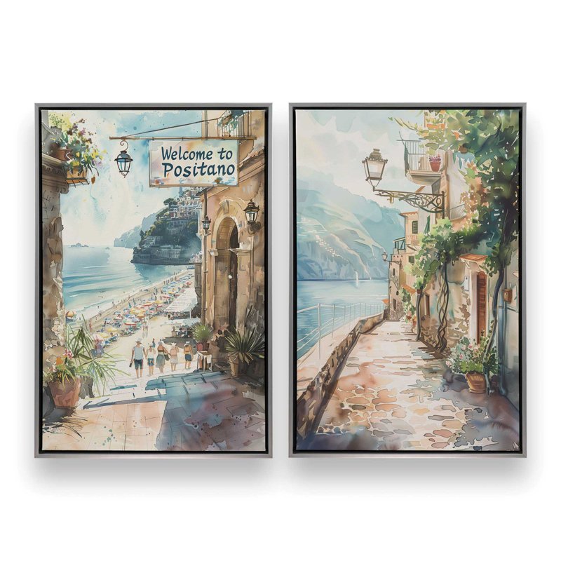 Ensemble de 2 pièces "Coastal Greeting On Canvas" par Azure Artisanal Studio, Cadre flottant en chrome poli