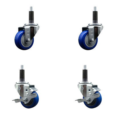 3 Inch SS Poly Wheel Swivel 1 Inch Expanding Stem Caster Set 2 Brakes SCC