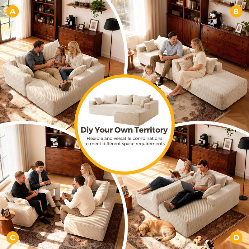 Boneless 106" Soft Boneless Couch L-shape, Sectional Sofa Deep Seat with Chaise for Living Room, Beige Polyurethane