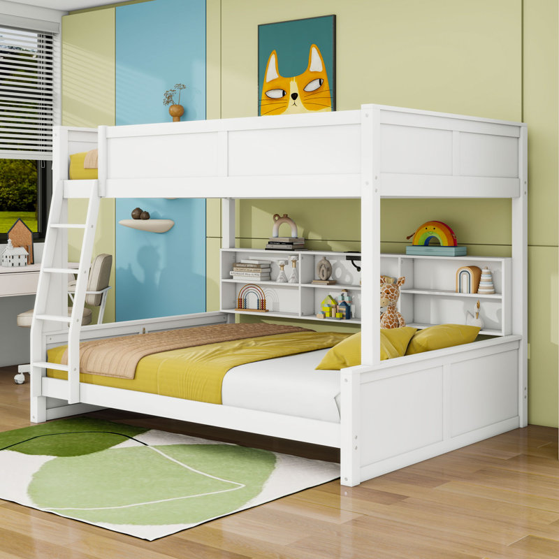 Lit superposé en bois avec tablettes de rangement intégrées et station de charge, Blanc antique, Double TG sur grand