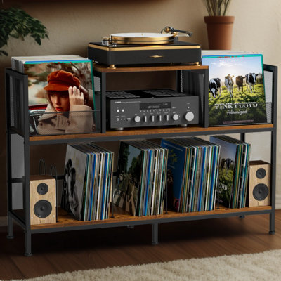 Vintage Record Player Stand With Storage For 350 Vinyl Albums, Adjustable Dividers, Mid-Century Turntable Cabinet For Living Room Or Bedroom, 45.9"D X 14.6"W X 30.1"H